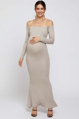 Taupe Ribbed Off Shoulder Long Sleeve Maternity Maxi Dress