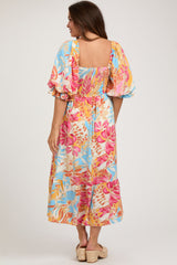 Fuchsia Leaf Print Puff Sleeve Smocked Maternity Midi Dress