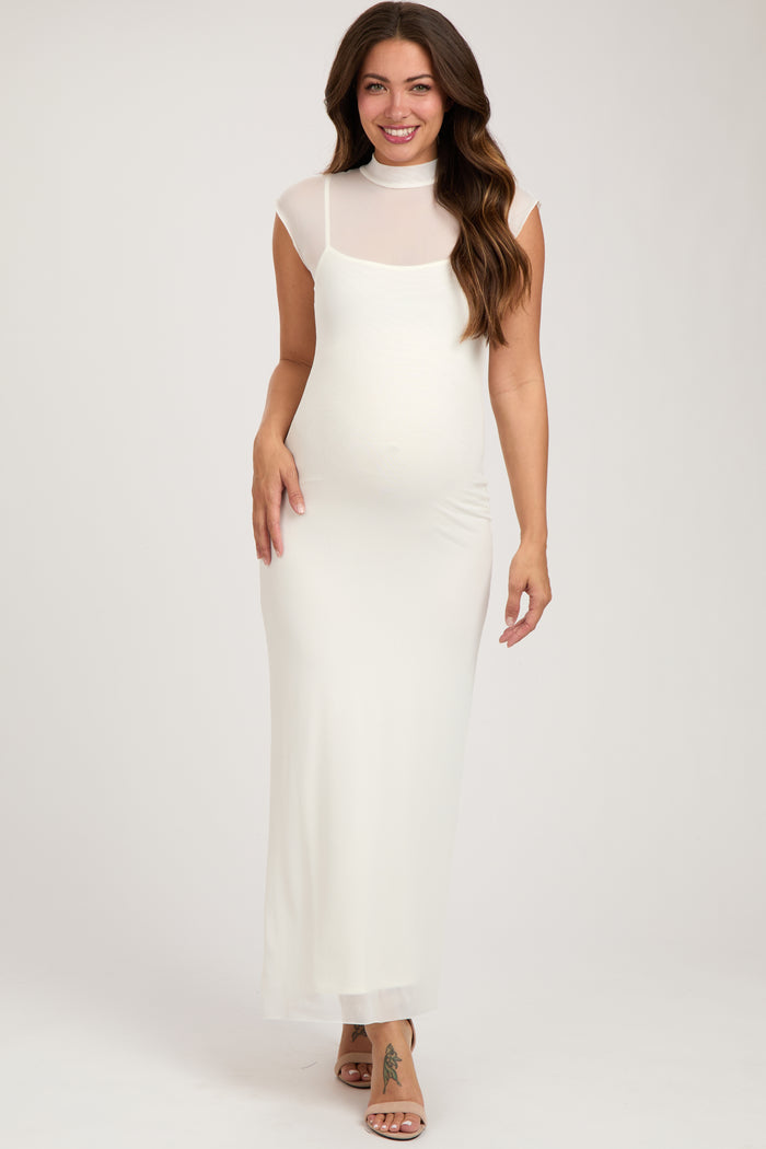 Ivory Mock Neck Sleeveless Mesh Maternity Midi Dress