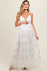Ivory Floral Lace Overlay Maternity Maxi Dress
