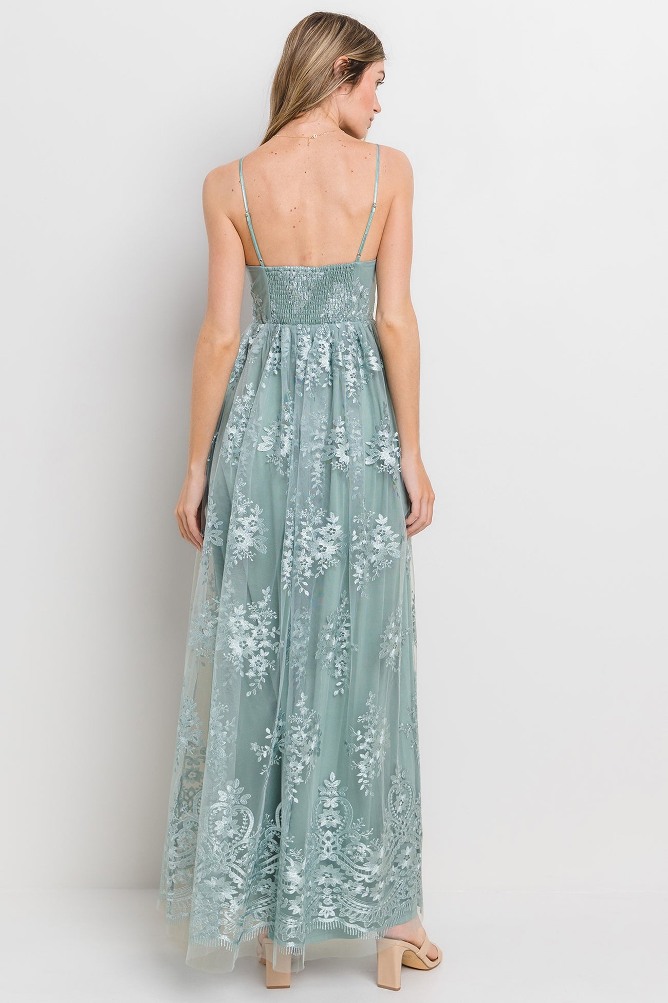 Mint Green Floral Lace Overlay Maxi Dress
