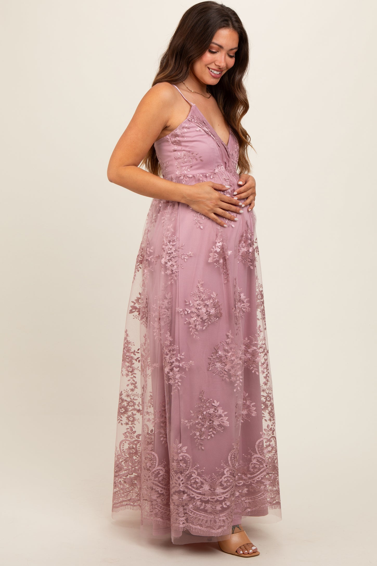 Mauve Floral Lace Overlay Maternity Maxi Dress