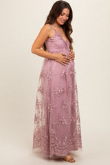 Mauve Floral Lace Overlay Maternity Maxi Dress