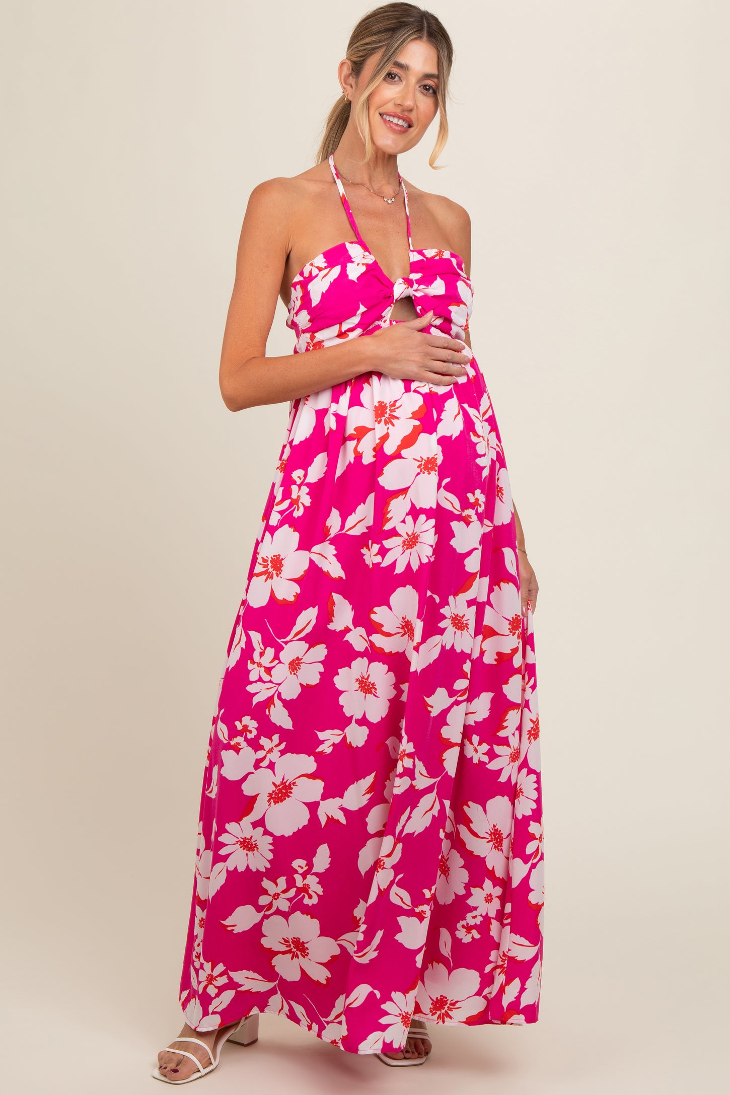 Fuchsia Floral Halter Neck Maternity Maxi Dress