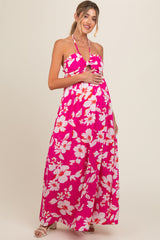 Fuchsia Floral Halter Neck Maternity Maxi Dress