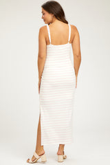 Light Pink Striped Knit Side Slit Sleeveless Maternity Midi Dress