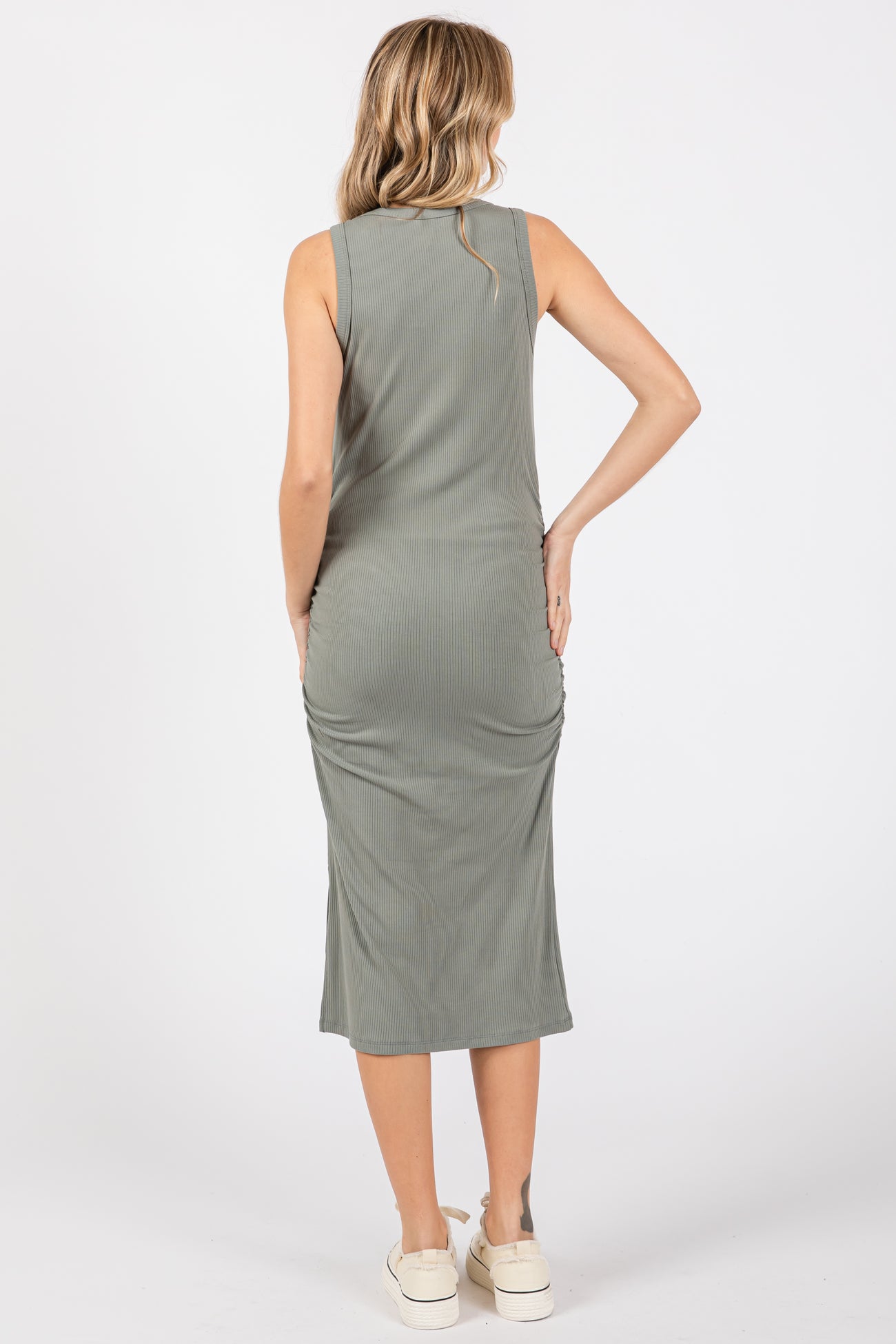 Olive Sleeveless Ribbed Ruched Dress