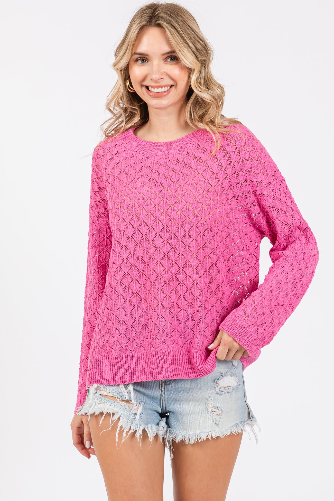 Fuchsia Diamond Open Knit Maternity Top