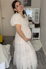 Cream Floral Lined Smocked Tulle Maternity Midi Dress