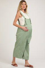 Light Olive Side Button Distressed Maternity Overalls