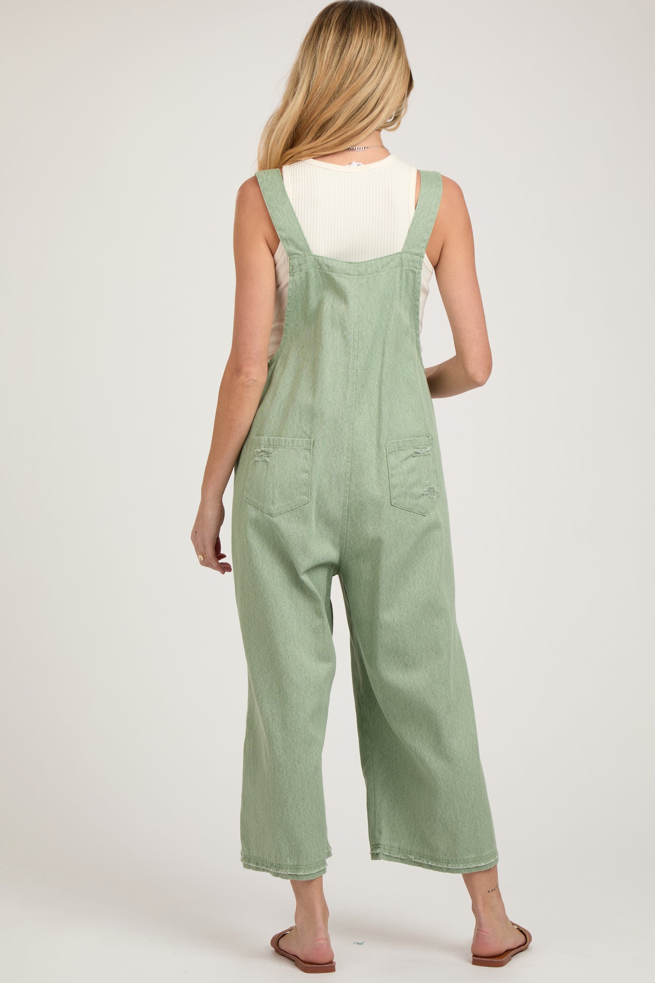 Light Olive Side Button Distressed Maternity Overalls