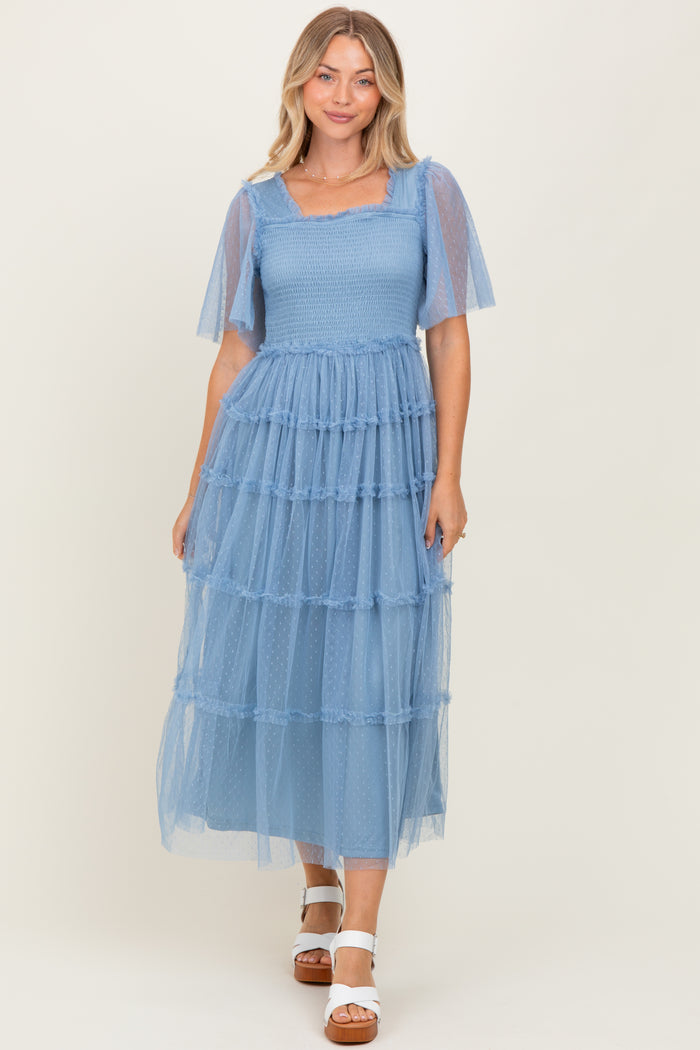 Blue Ruffled Mesh Maternity Maxi Dress
