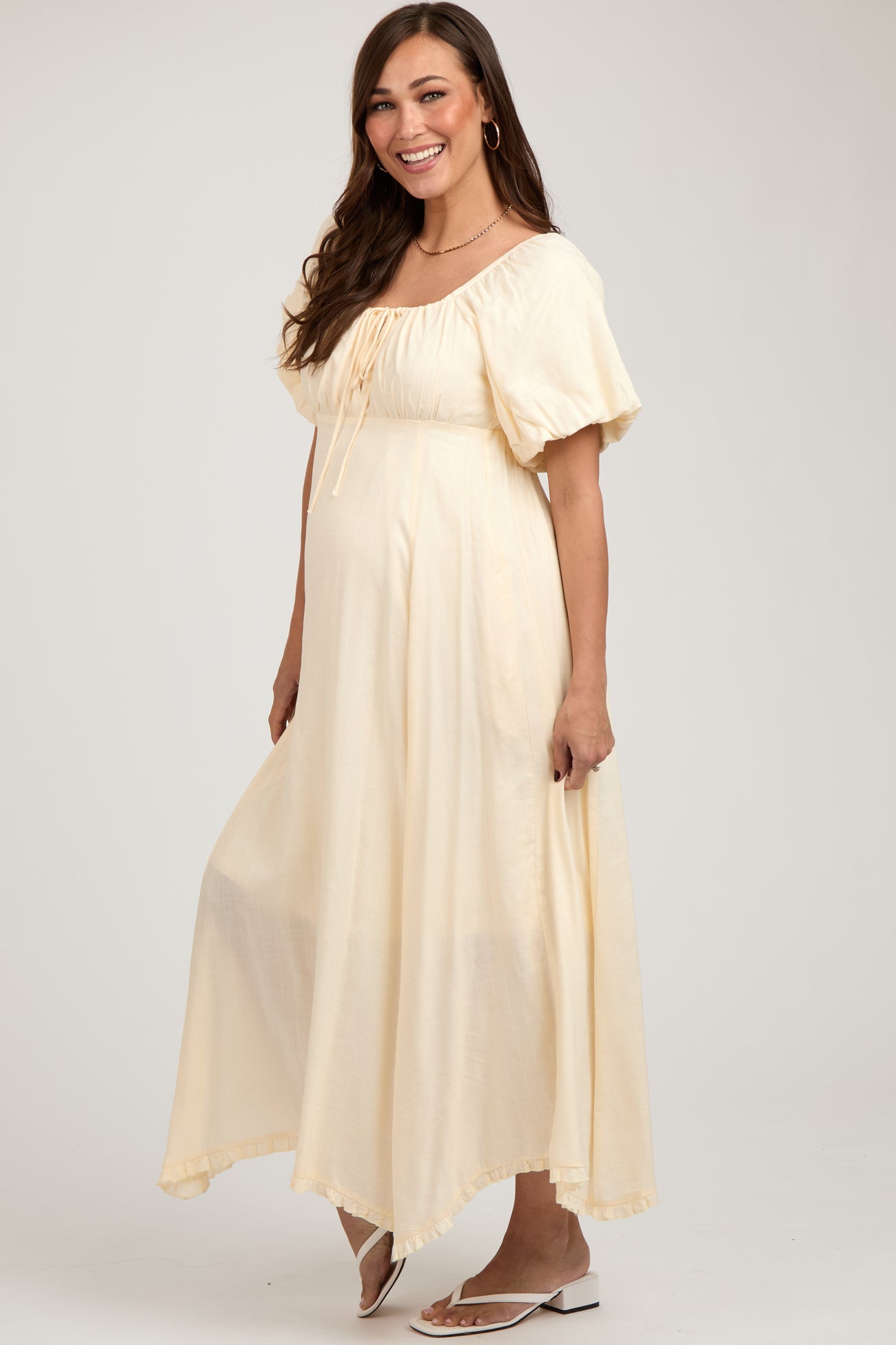 Cream Front Tie Puff Sleeve Maternity Maxi Dress