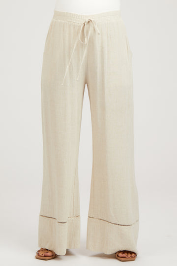 Beige Linen Wide Leg Lace Trim Maternity Pants