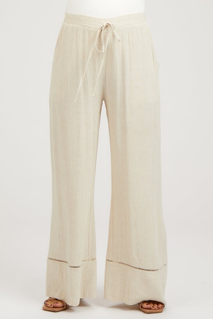 Beige Linen Wide Leg Lace Trim Maternity Pants