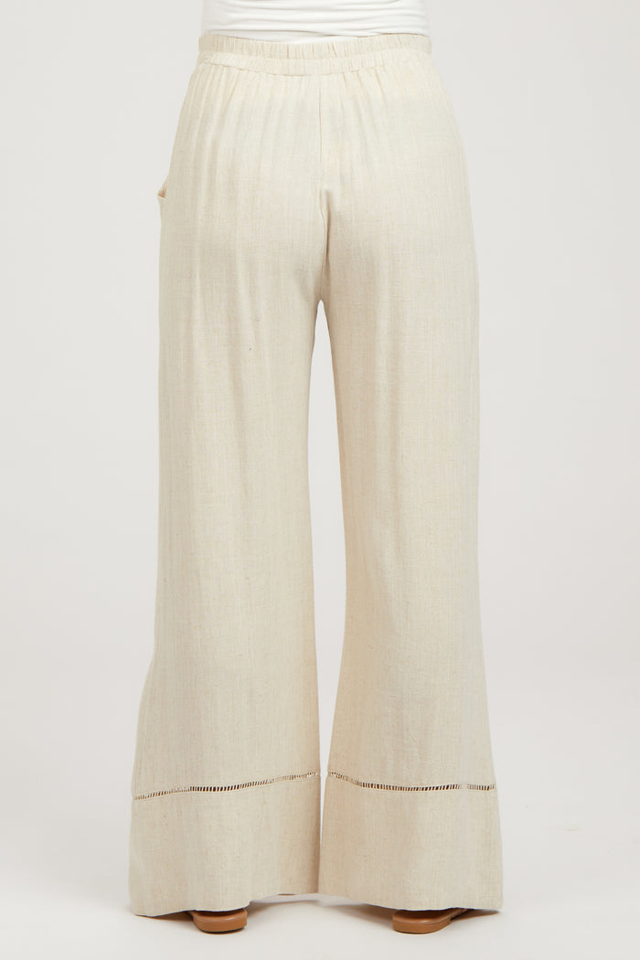 Beige Linen Wide Leg Lace Trim Maternity Pants