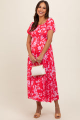 Coral Floral Off Shoulder Puff Sleeve Maternity Midi Dress