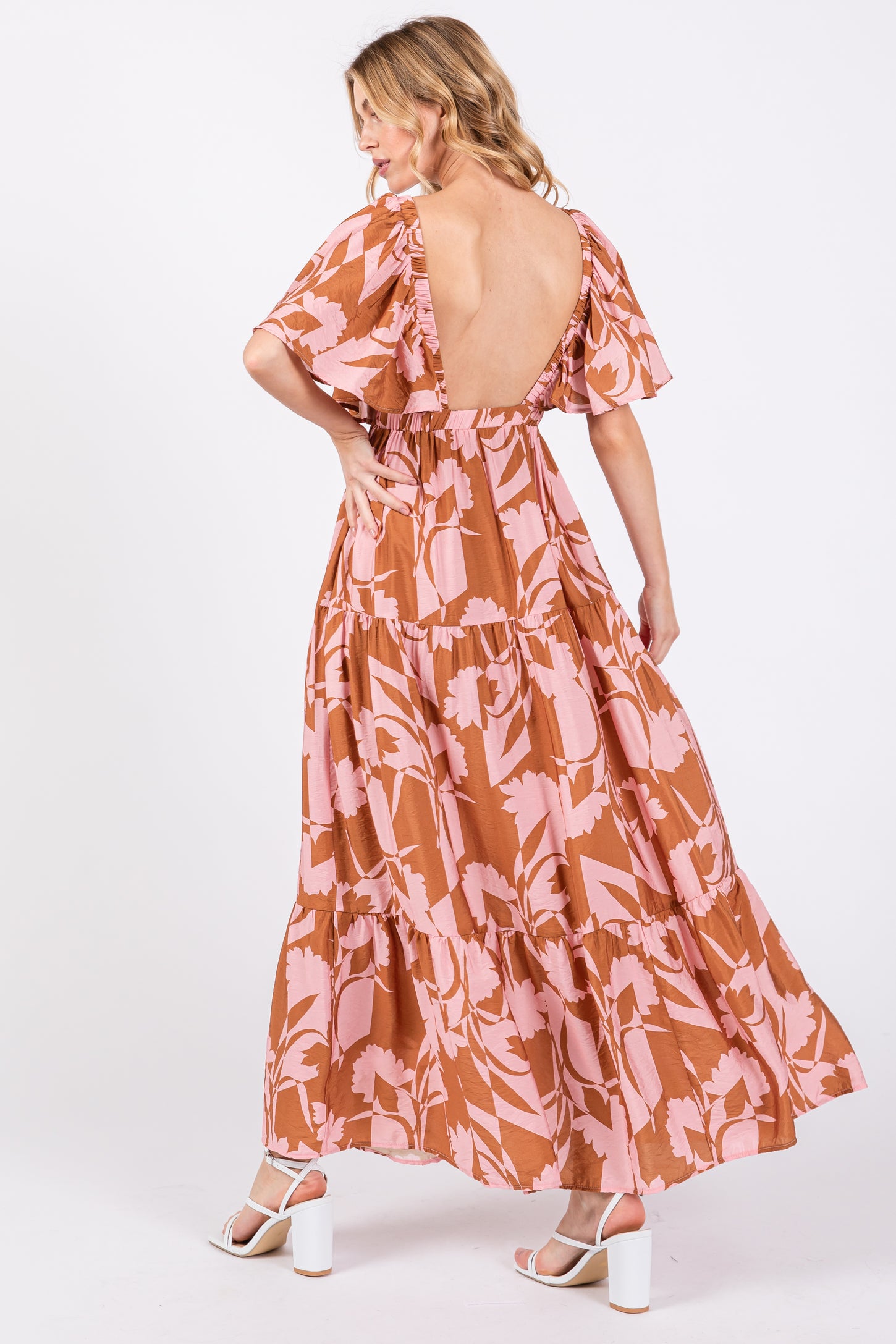 Pink Floral Deep V-Neck Ruffle Midi Dress