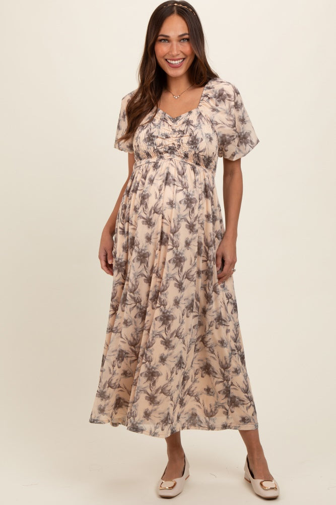 Cream Floral Smocked Short Puff Sleeve Maternity Midi Dress