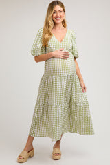 Light Olive Gingham Puff Sleeve Maternity Tiered Midi Dress