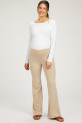 Beige Heathered Flare Leg Fold Over Maternity Leggings