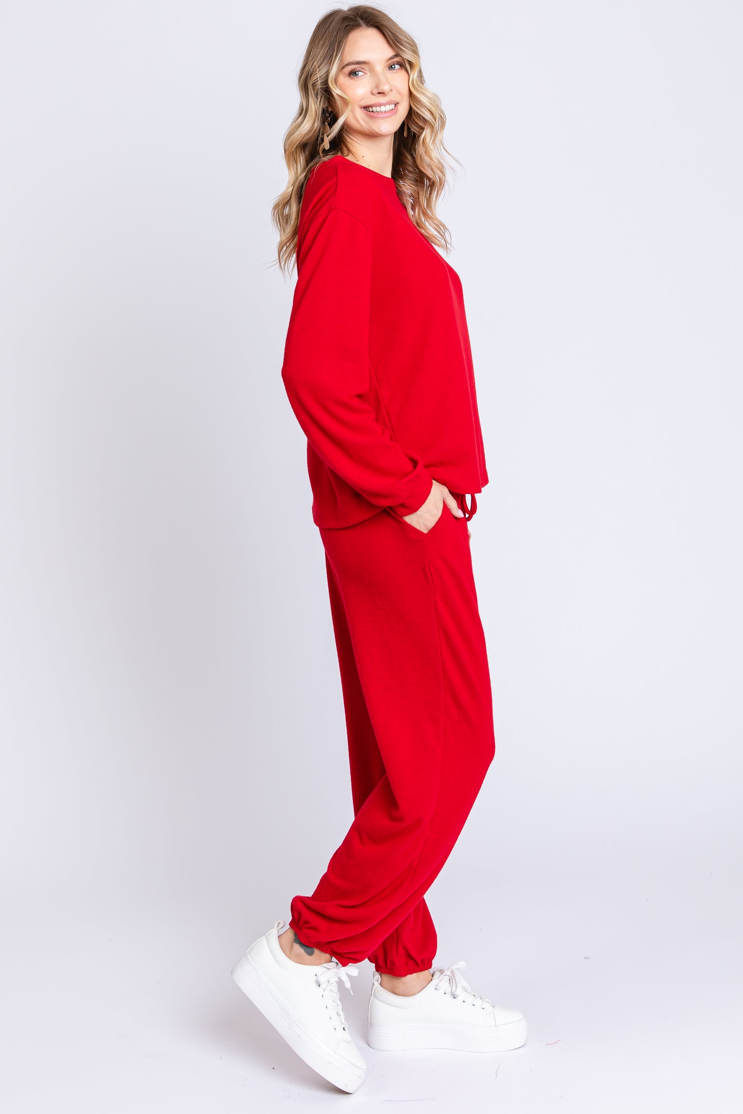 Red Soft Knit Brushed Long Sleeve Lounge Set