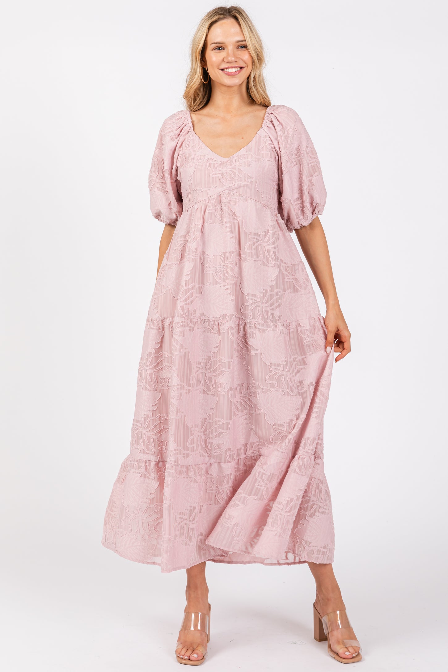 Light Pink Embroidered Leaf Print Striped Maxi Dress