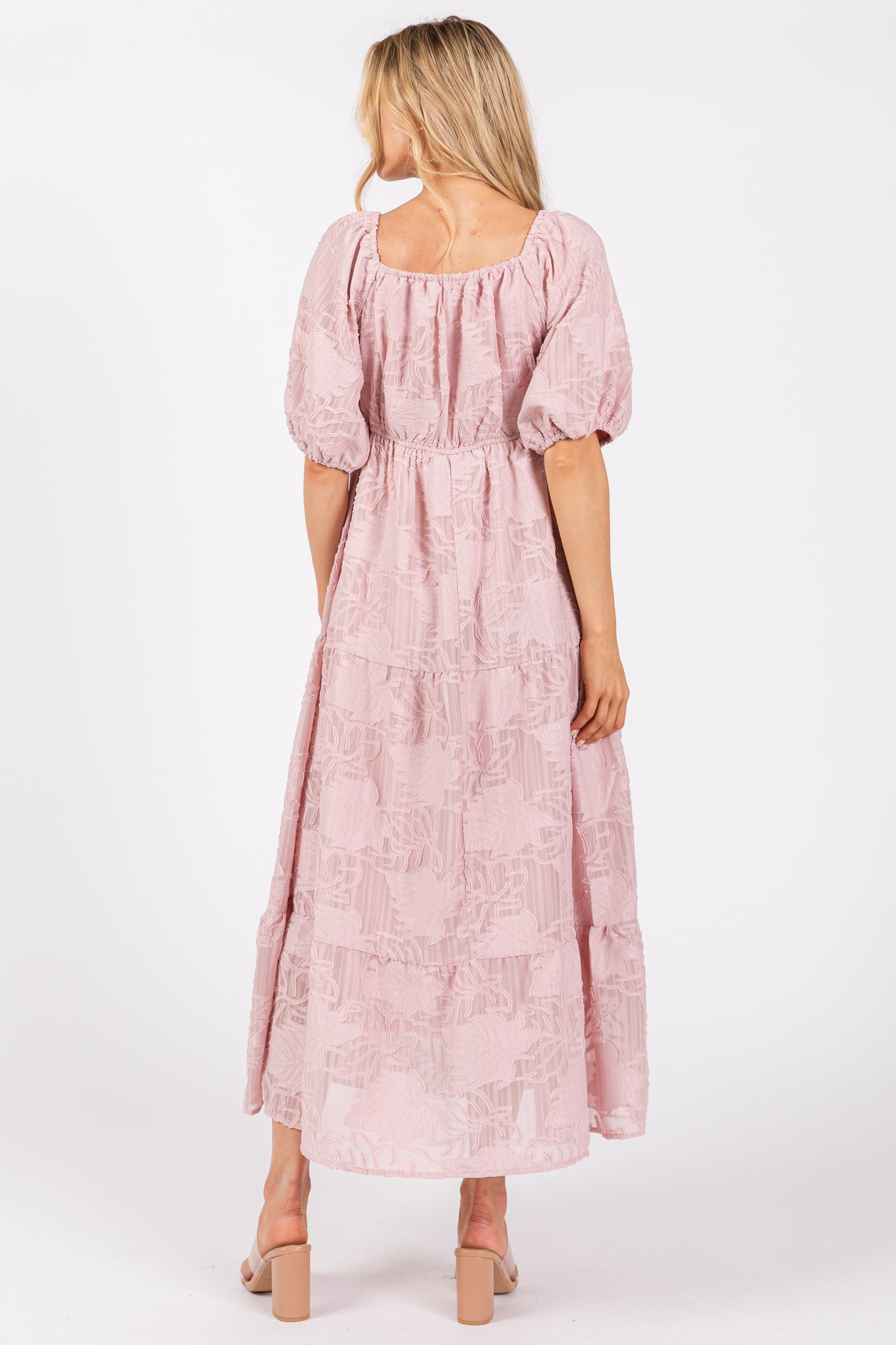Light Pink Embroidered Leaf Print Striped Maxi Dress