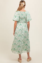 Green Floral Smocked Sweetheart Neck Short Puff Sleeve Maternity Midi Dress