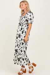Cream Floral Puff Sleeve Midi Dress