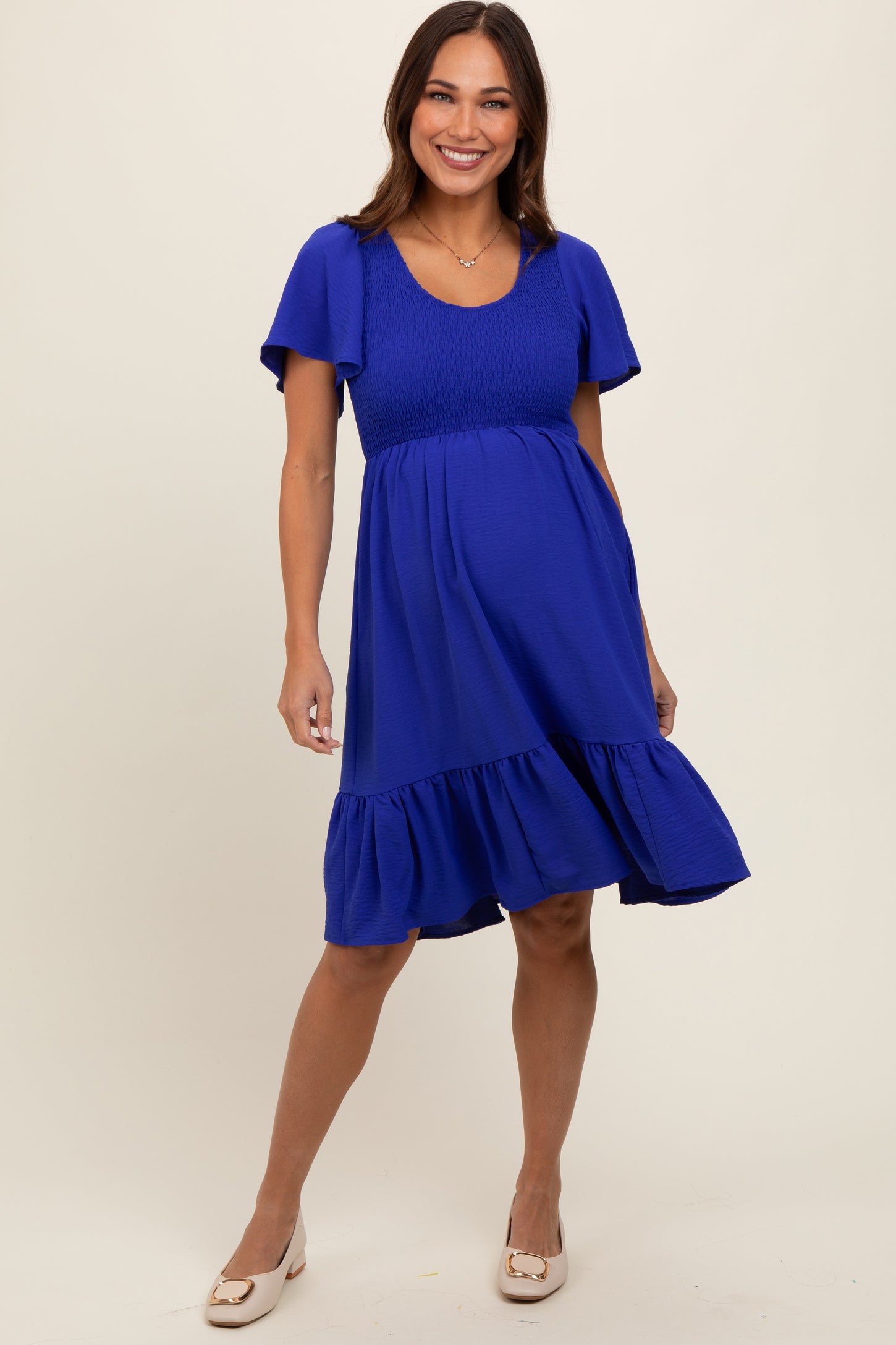 Royal Blue Smocked Ruffle Hem Maternity Dress