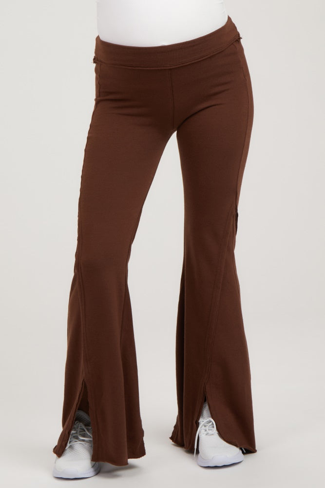 maternity wear brown flared yoga pants with side slits, designed for comfort during pregnancy