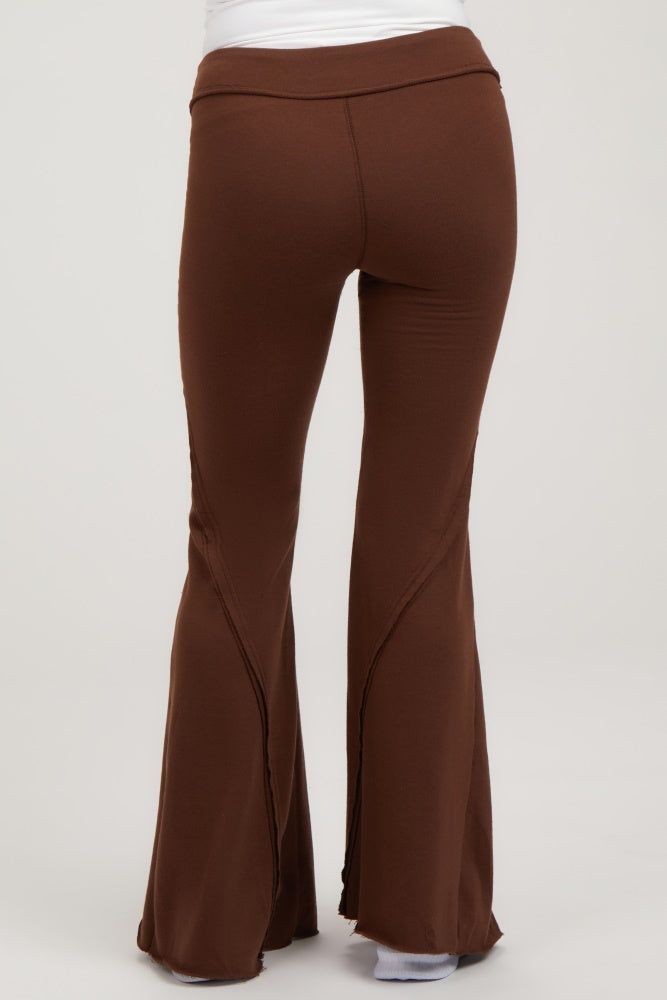 brown maternity flared leggings with a high waistband, featuring a comfortable fit for pregnant women