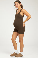 Brown Ribbed Square Neck Sleeveless Maternity Romper