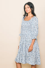 Light Blue Floral Smocked Knee Length Dress