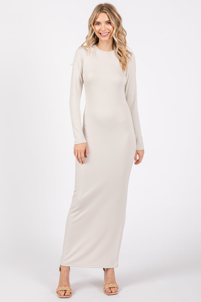 Cream Long Sleeve Fitted Maternity Maxi Dress