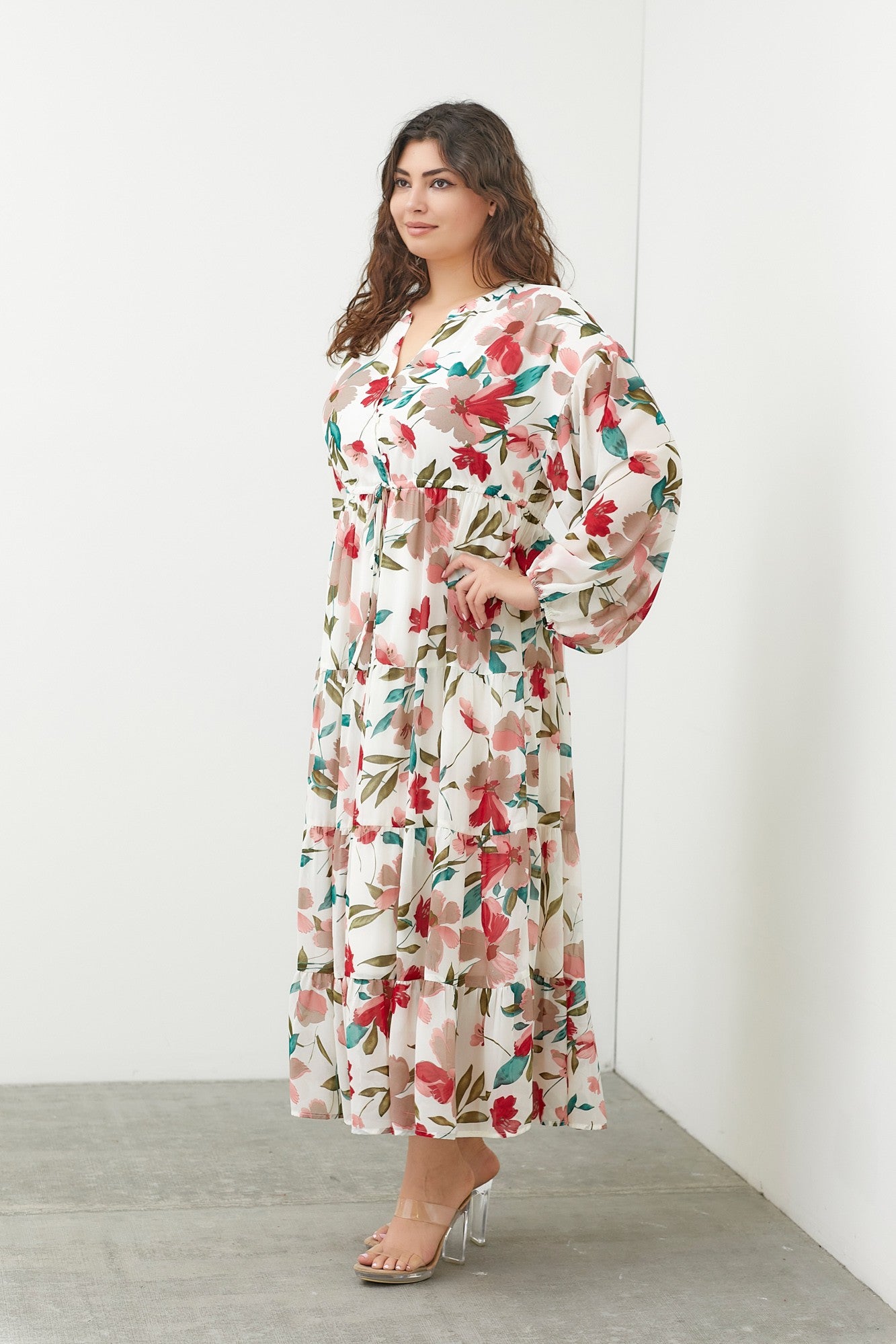 Ivory Floral Front Button Waist Tie Plus Midi Dress