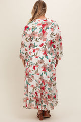 Ivory Floral Front Button Waist Tie Maternity Plus Midi Dress