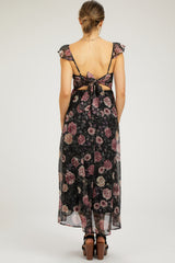 Black Floral Chiffon Back Tie Maternity Maxi Dress