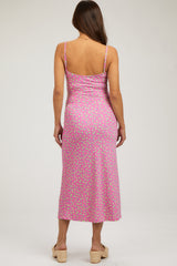 Fuchsia Floral Sleeveless Maternity Midi Dress
