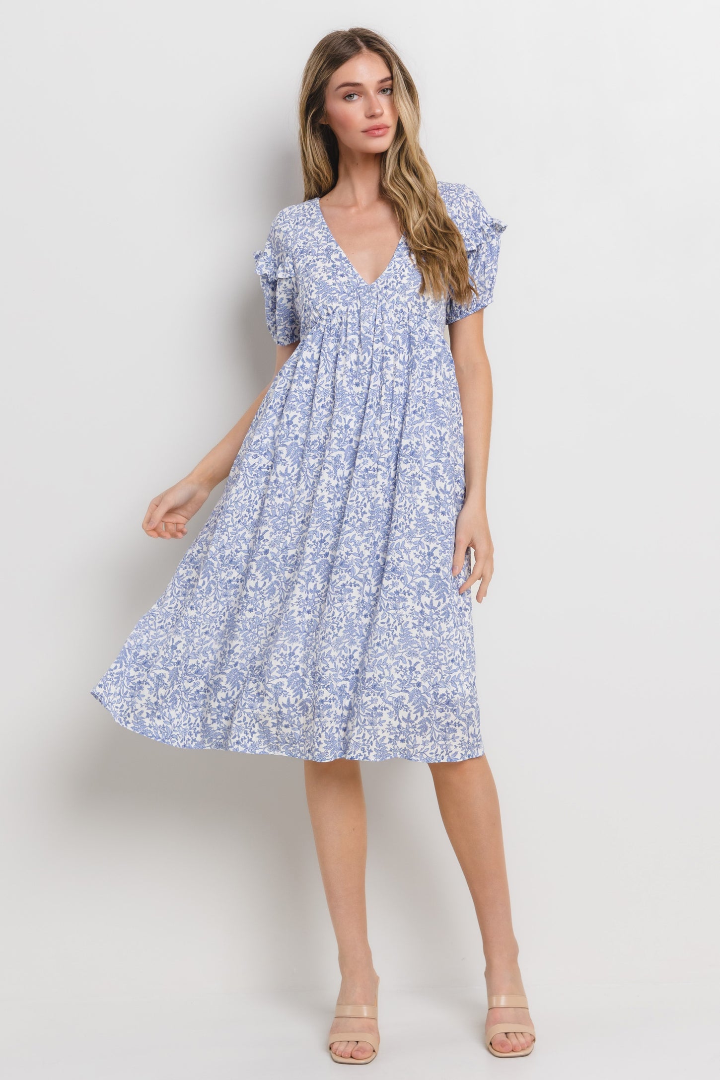 Blue Floral Tie Back Midi Dress