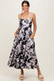 Black Leaf Print Satin Square Neck Midi Dress