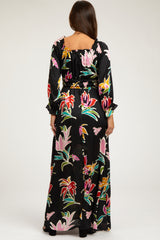 Black Floral Ruffle Neck Maternity Maxi Dress
