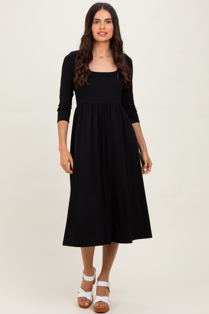 Black Square Neck 3/4 Sleeve Midi Dress