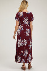Burgundy Floral Print Wrap Front V-Neck Hi-Low Midi Dress