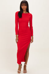 Red Ribbed Long Sleeve Side Slit Maxi Dress