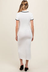 White Ribbed Knit Collared Button Front Maternity Dress