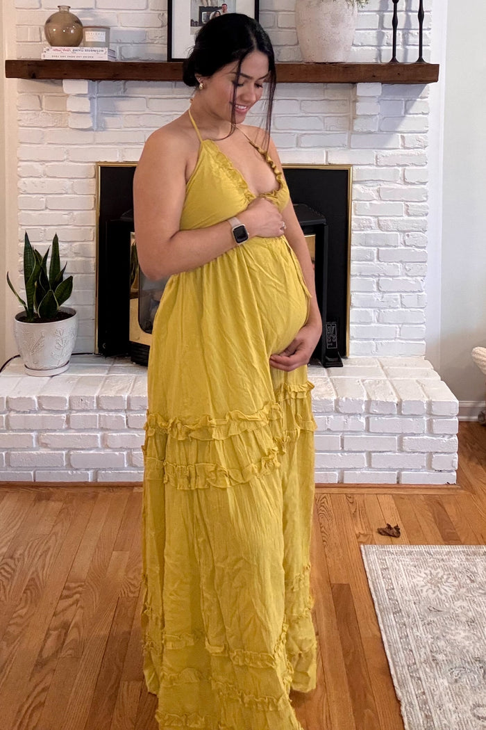 Yellow Ruffle Ruched Deep V-Neck Maternity Maxi Dress
