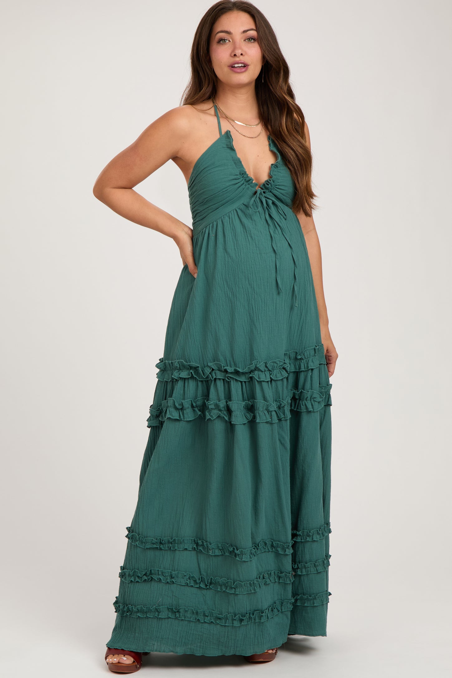 Dark Teal Ruffle Ruched Deep V-Neck Maternity Maxi Dress