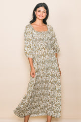 Light Olive Floral Smocked Bodice Maternity Maxi Dress
